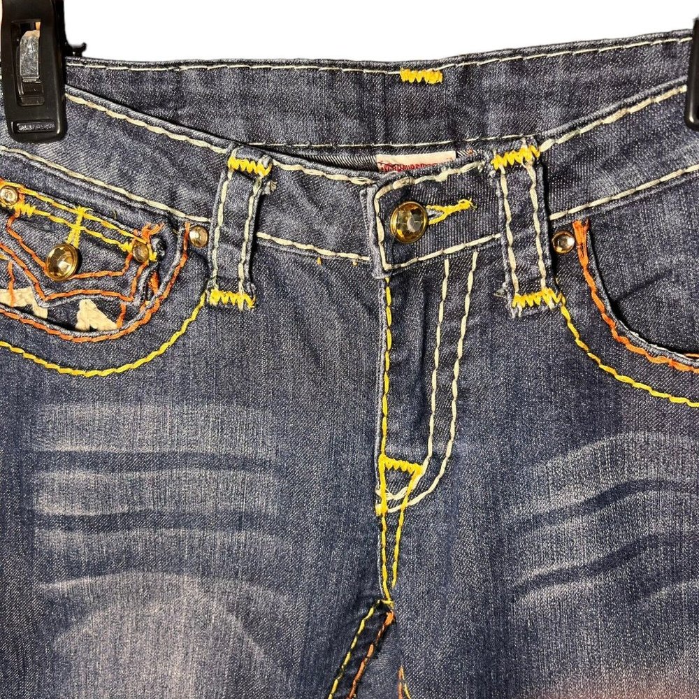 True Religion Women's Straight Leg Jeans - Blue with White & Orange Stitching - Picture 6 of 8